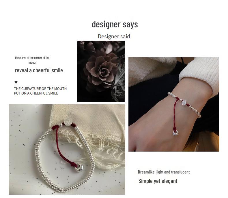 S925 Sterling Silver and Red Rope Bracelet with Round Beads - Gift for Good Luck and Peace