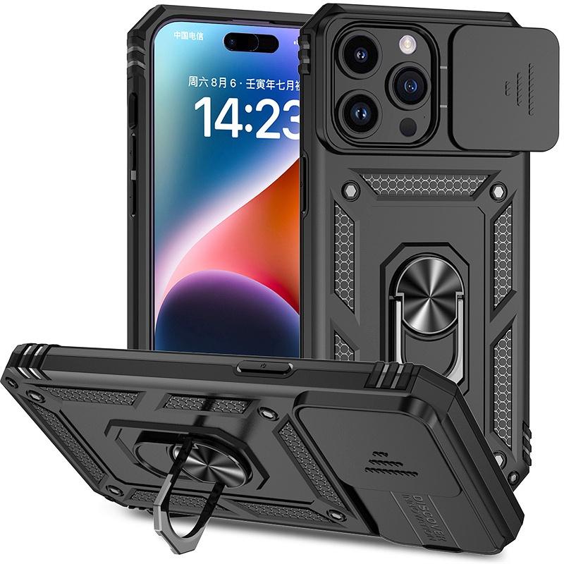 Coque blindée antichoc pour iPhone 16 15 14 13 12 11 Pro Max Plus Mini X XS XR 7 8 Plus 16e Cache arrière avec protection d'objectif coulissante For iPhone 13 Mini noir