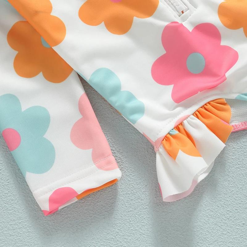 Kids Baby Girl Swimsuits Summer 2024 Floral Long Sleeve Zipper Ruffles Jumpsuit Swimwear Beachwear Bathing Suits
