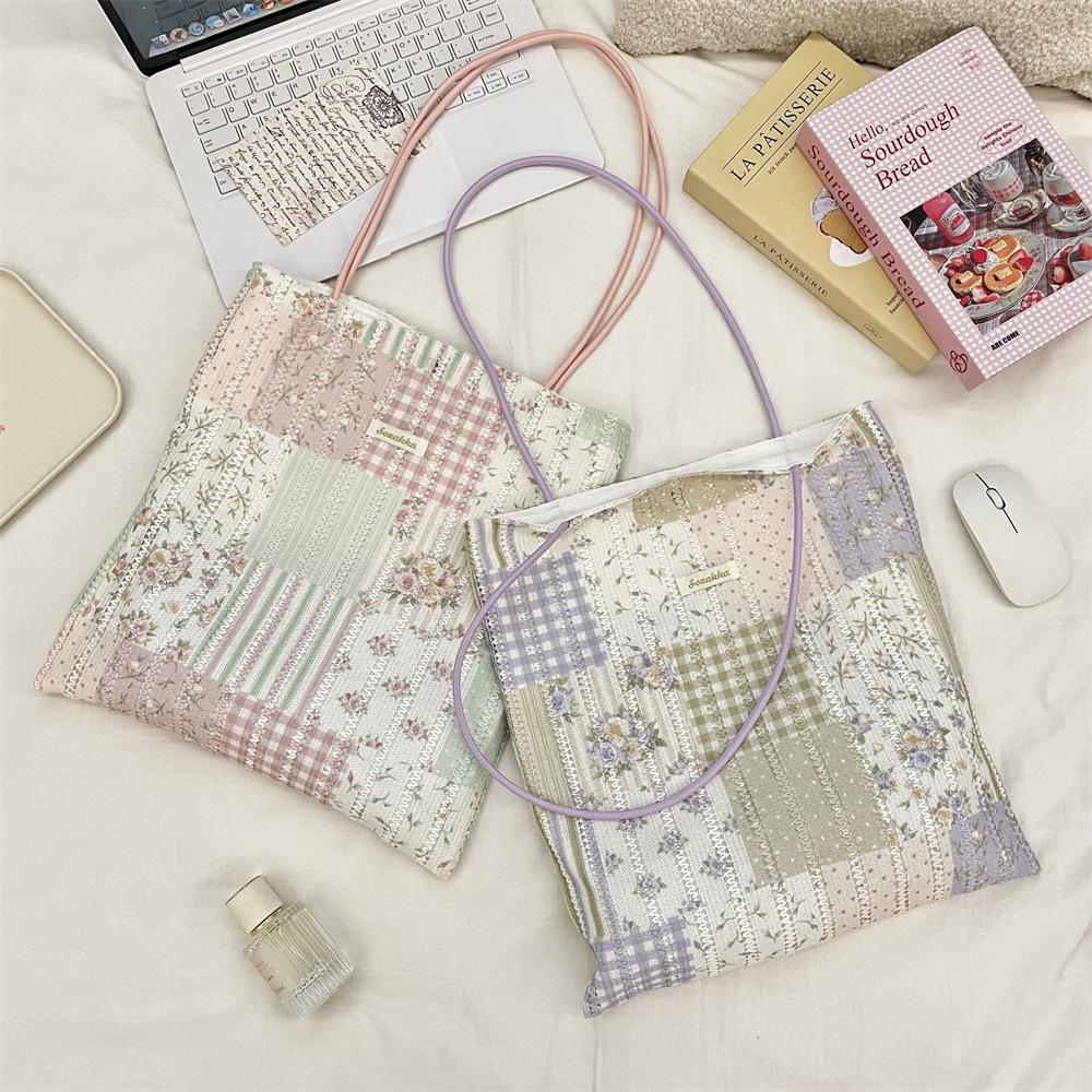 Lazy print sweet plaid shoulder shopping bag leisure commuter canvas bag tote bag