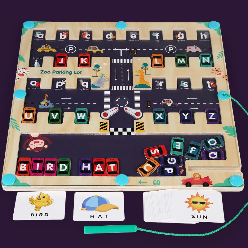 Wooden letter trolley pairing magnetic parking displacement children's pen holding training matching game puzzle early education toy