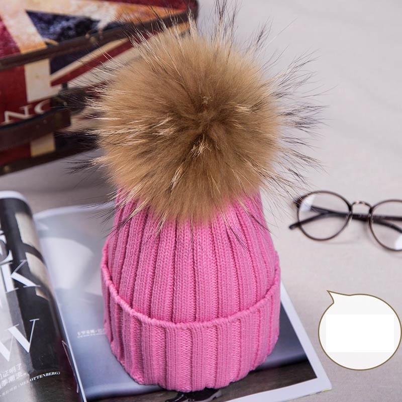 Real Winter New Raccoon Fur Hats Pom Pon Women Lady Knit Beanie Bobble Cap