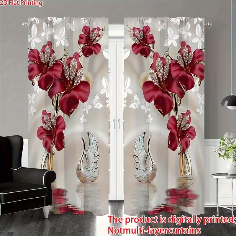 2pcs Red Floral & Swan Patterned Curtains, Design for Living Room Bedroom Elegant Home Window, Rod Pocket Curtains