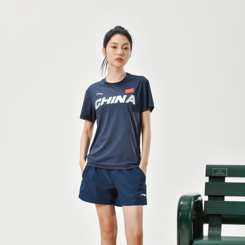 Li-Ning Pure Color Letter Logo Print Round Neck Short Sleeve T-Shirt Men Tops Ink-Blue AHSS983-1