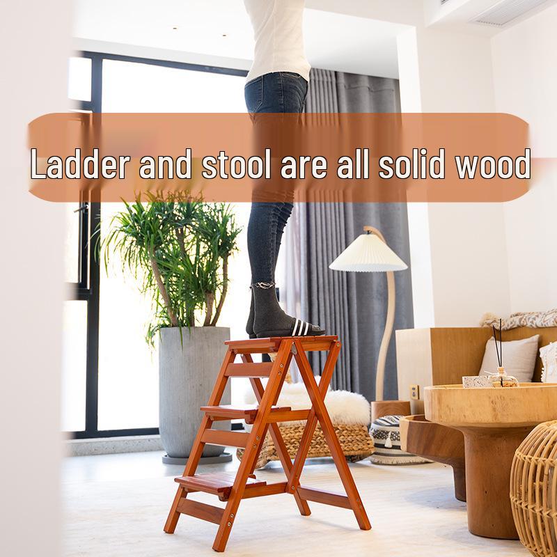 Solid Wood Foldable Ladder with Non-Slip Steps - Multi-Functional, Portable, Stackable, and Ideal for Household Climbing and Storage.
