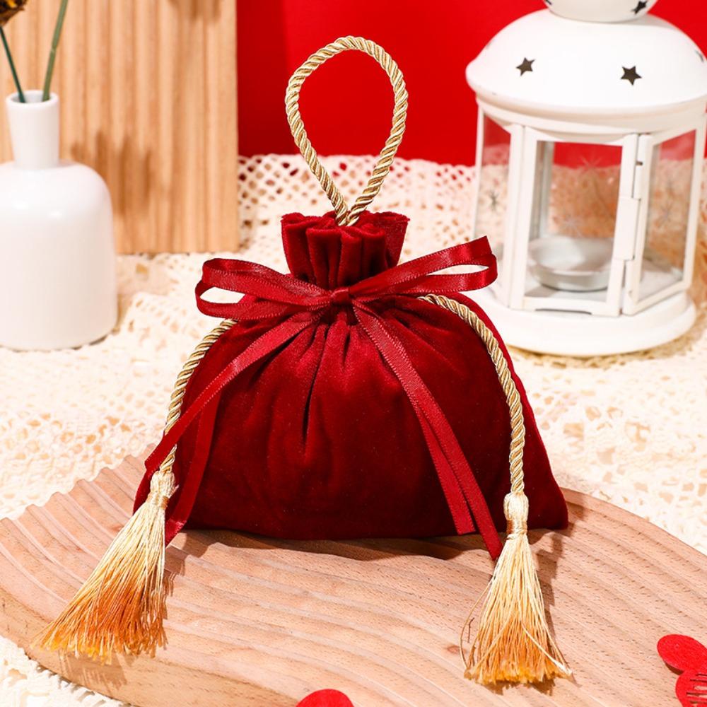 Red Wedding Candy Packaging Bags Velvet Drawstring Pouch Handbag Sweets Chocolate Packing Bag