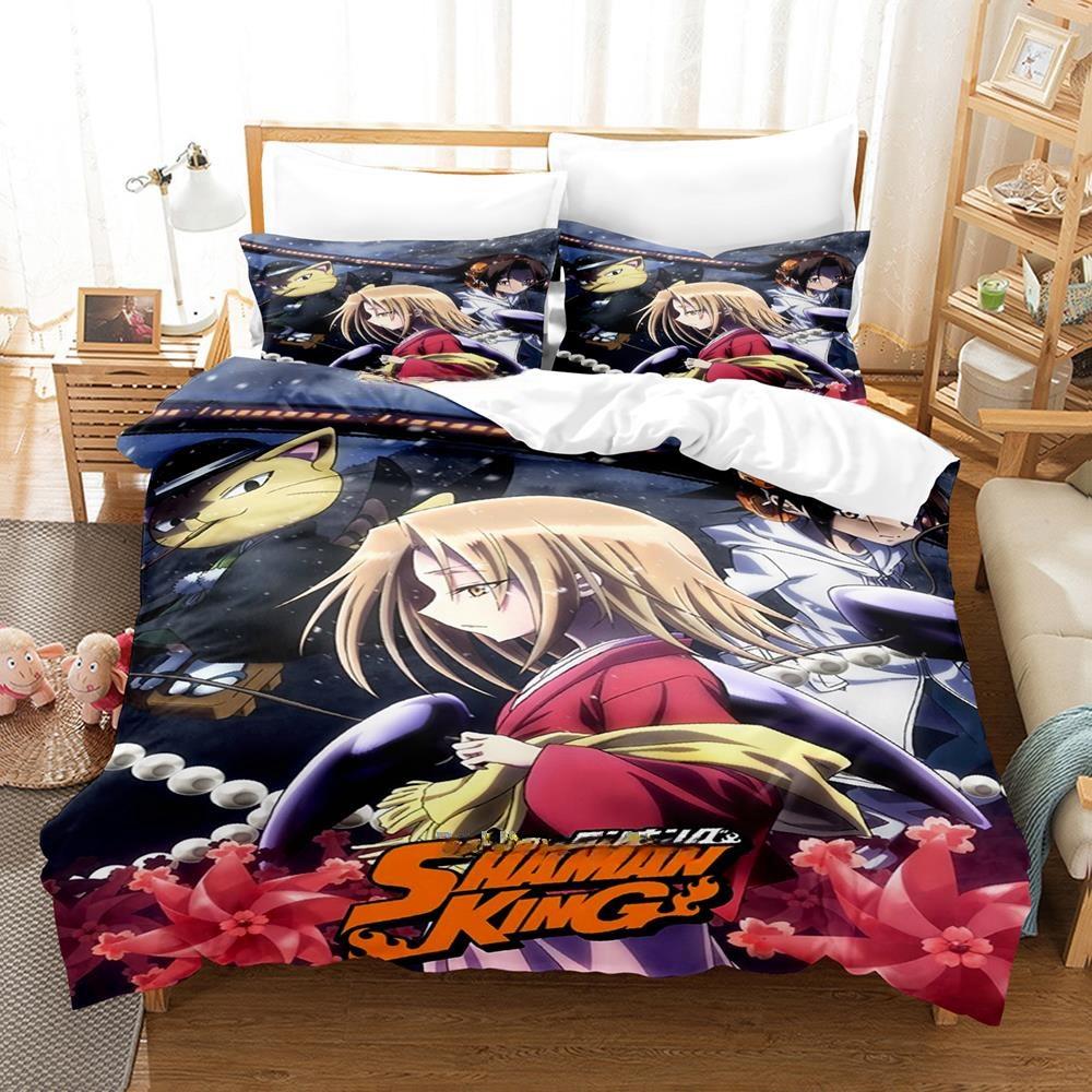 Persönlichkeit 3D-Druck Shaman King Bettwäsche-Set Cartoon Anime dreiteiliges Set Erwachsene Kind Schlafzimmer Bettbezug-Sets Heimtextilien