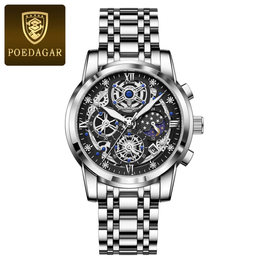 POEDAGAR Luxury Watch For Men Original Waterproof Luminous Date Clock Chronograph Stainless Steel Quartz Watches Reloj