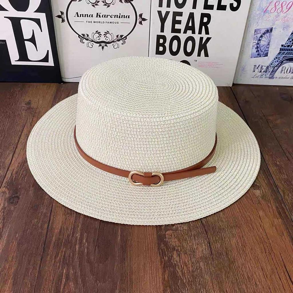 Small Fresh Flat Top Straw Hat Women's Summer Beach Sun Protection Casual Sun Hat French Fashion Temperament Belt Buckle Top Hat