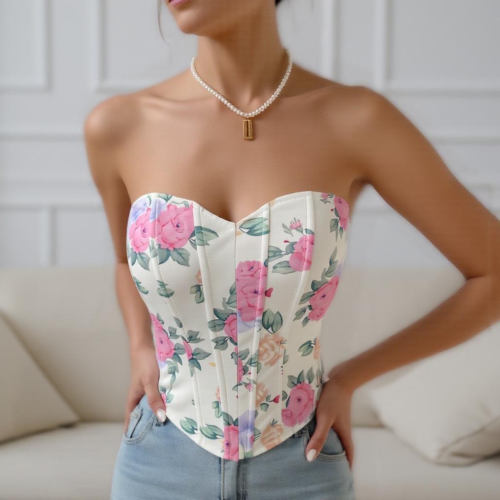 European & American Sexy Backless Floral Fishbone Camisole