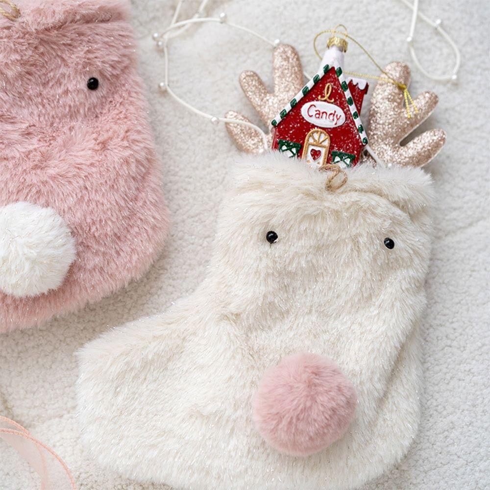 Plush Christmas Stocking Beads Chian Cartoon Elk Shoulder Bag Hanging Decorations Pink White Christmas Gift Bag Chrismtas