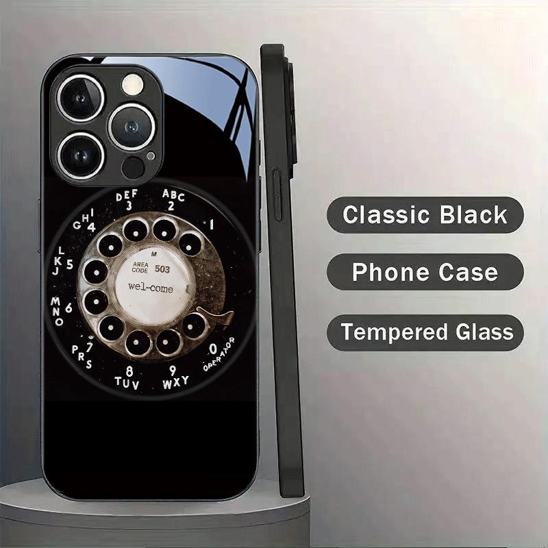 Funda de Teléfono Negra de Cristal Templado con Patrón de Dial Giratorio Retro para Samsung Galaxy S25 S24 S23 Ultra Plus FE Cubierta a Prueba de Golpes
