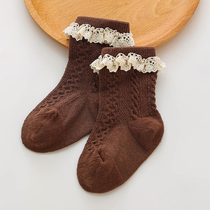 Girls' Socks Coffee Color Autumn/Winter Children's Soft Cotton Lace Sock Lace Baby Princess Sock Mid Tube Children's Socks