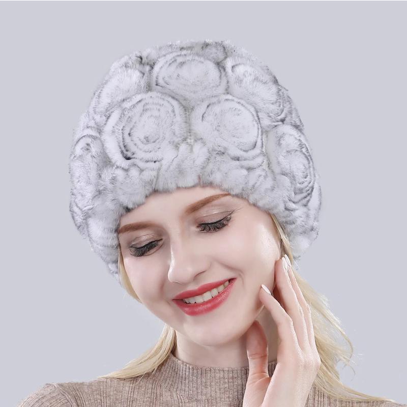 New Arrival Flowers Real Fur Hats Winter Russian Women Natural Rex Rabbit Fur Caps Lady Genuine Rex Rabbit Fur Beanies Cap