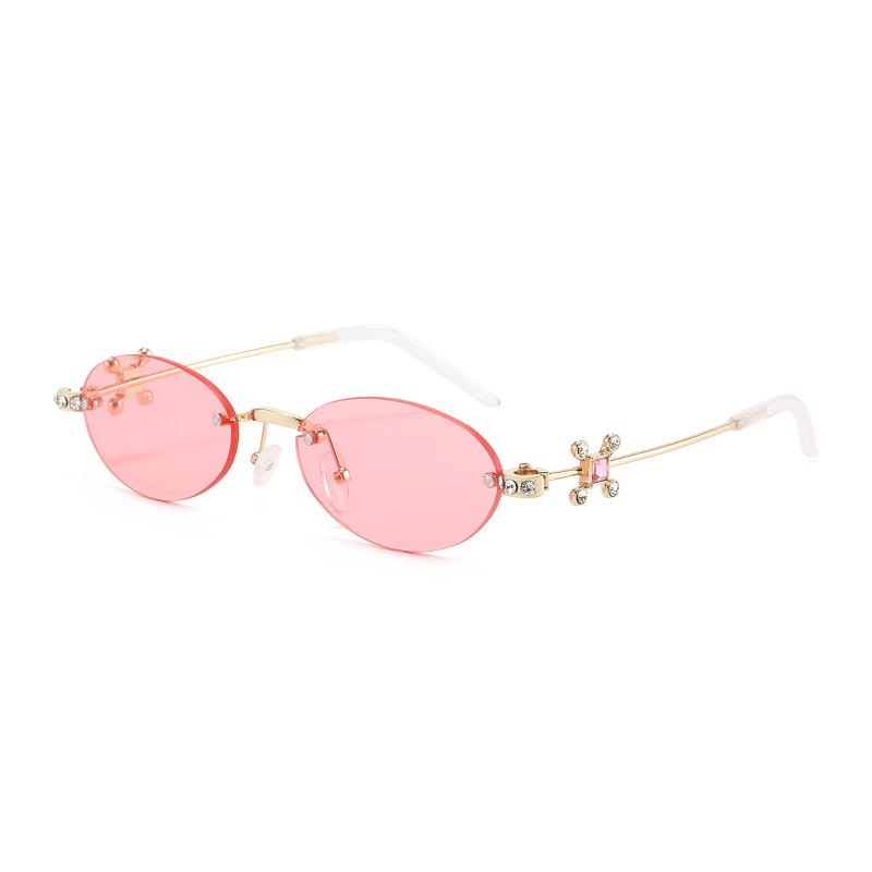 Jennie Style Frameless Oval Sunglasses with Rhinestones & Anti-Blue Light Lenses