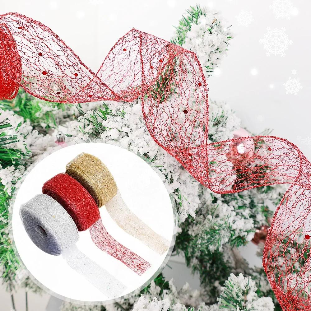 2M Christmas Ribbon Hollow Out Shiny Gold Silver Red Silk Ribbon Gift Wrapping Xmas Tree Hanging Decoration DIY Handmade Bowtie