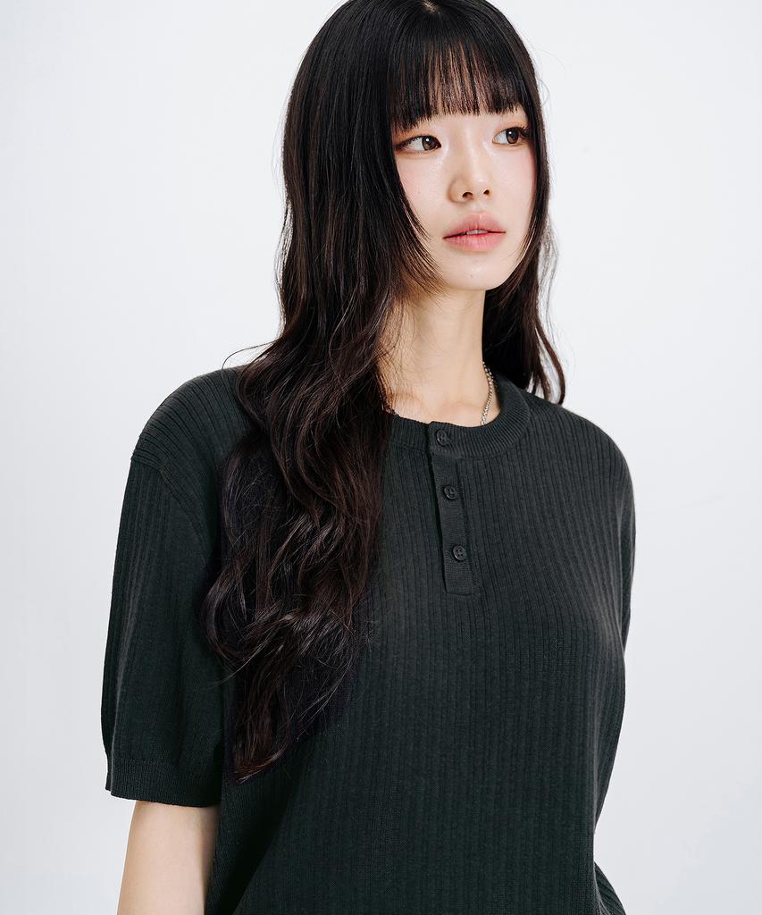 LEMAIN SECOND Classic Henley Neck Washable Short Sleeve Knit [Charcoal]