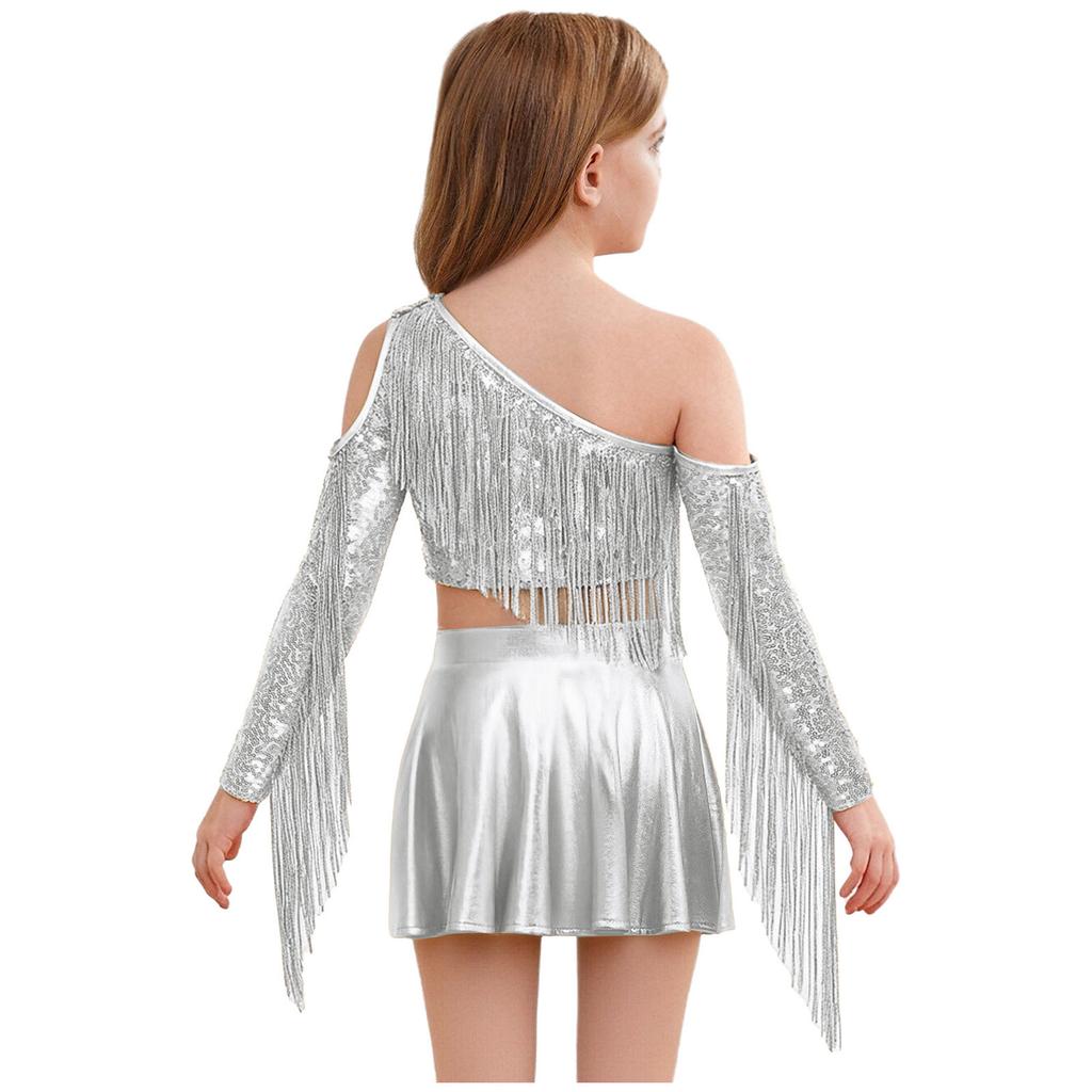 Kids Girls Metallic Stage Costume: One Shoulder Long Sleeve Sequined Crop Top & High Waist Pleated A-Line Skirt for Jazz Dance