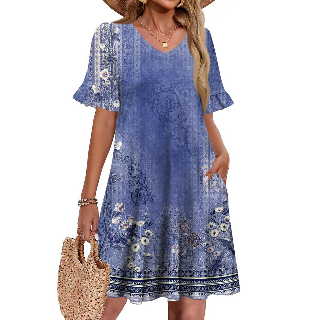 Damen A-Linie Sommerkleid Kurzarm V-Ausschnitt Bedrucktes Kleid Mit Taschen