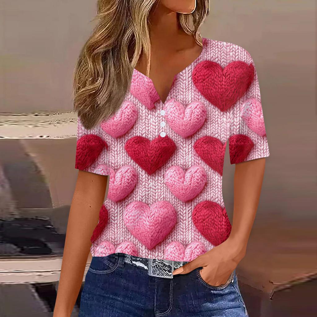 Damen T-Shirt mit Aufdruck zum Valentinstag, Knopfleiste, kurzärmelig, Tunika, für den Alltag, Wochenende, Basic, V-Ausschnitt, normales Oberteil