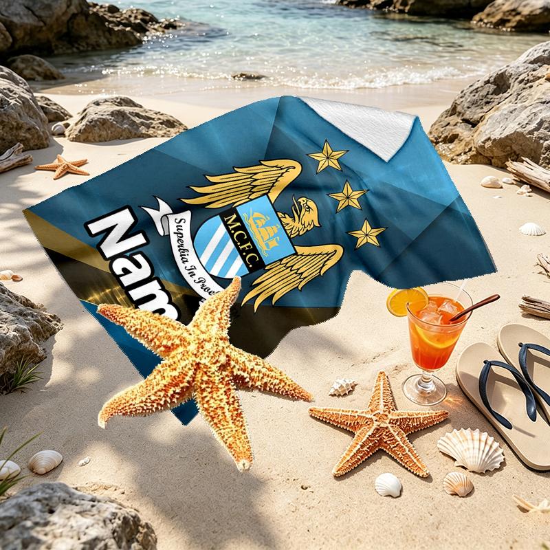Custom Name Personalized Manchester City FC Print Beach Towel, for Trip Camping Beach Party Home Decor, Birthday Gift for Family & Friends