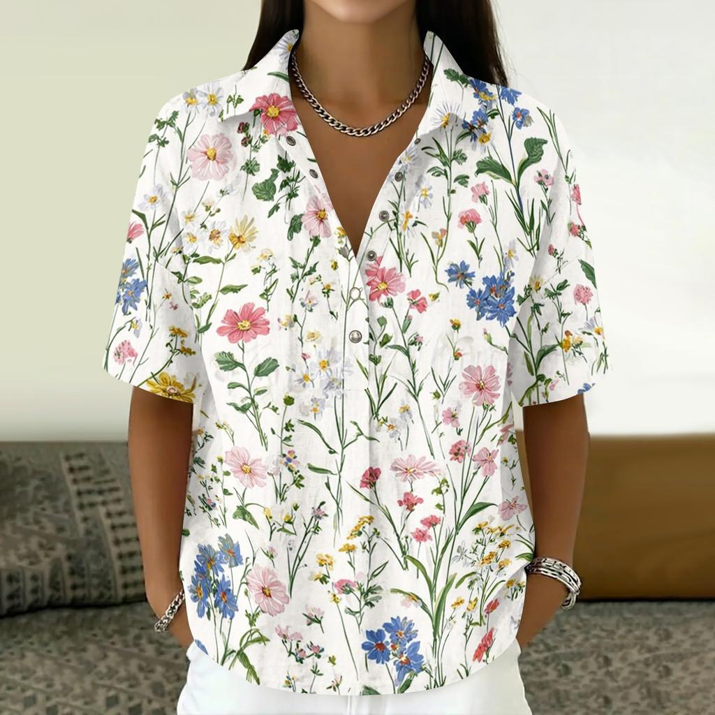 Women Turn Down Collar Button Up Retro Floral Print Imitation Cotton Linen Loose Fit Short Sleeve T Shirt Top for Daily Wear