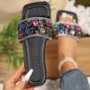 Fashion Summer Rhinestone Slippers Street Blue Leather Square Toe Flat Sandals Luxury Waterproof Outdoor Slippers Women Slippers Sandals