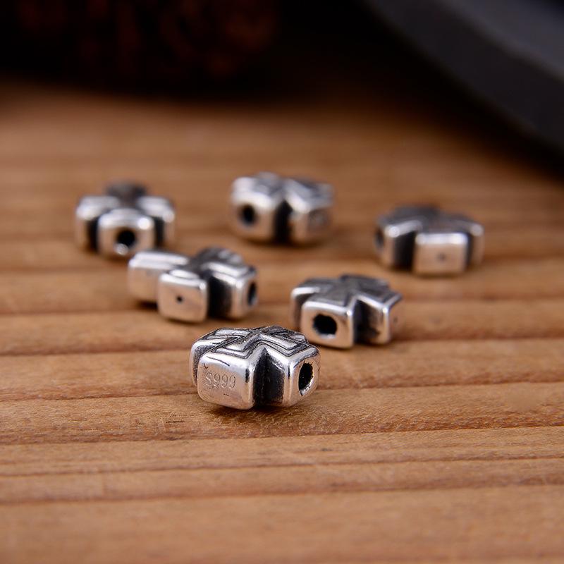 S999 Sterling Silver Cross Spacer Beads, 3D Horizontal/Vertical Holes, Handmade Rope DIY Bracelet Accessories