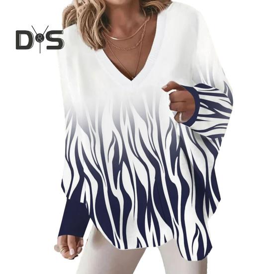 

Женский весенне-осенний топ с V-образным вырезом, свободный полосатый принт с кошачьим сердцем, длинный рукав, свободный свитер, неровный подол, женская футболка, блузка 3XL D