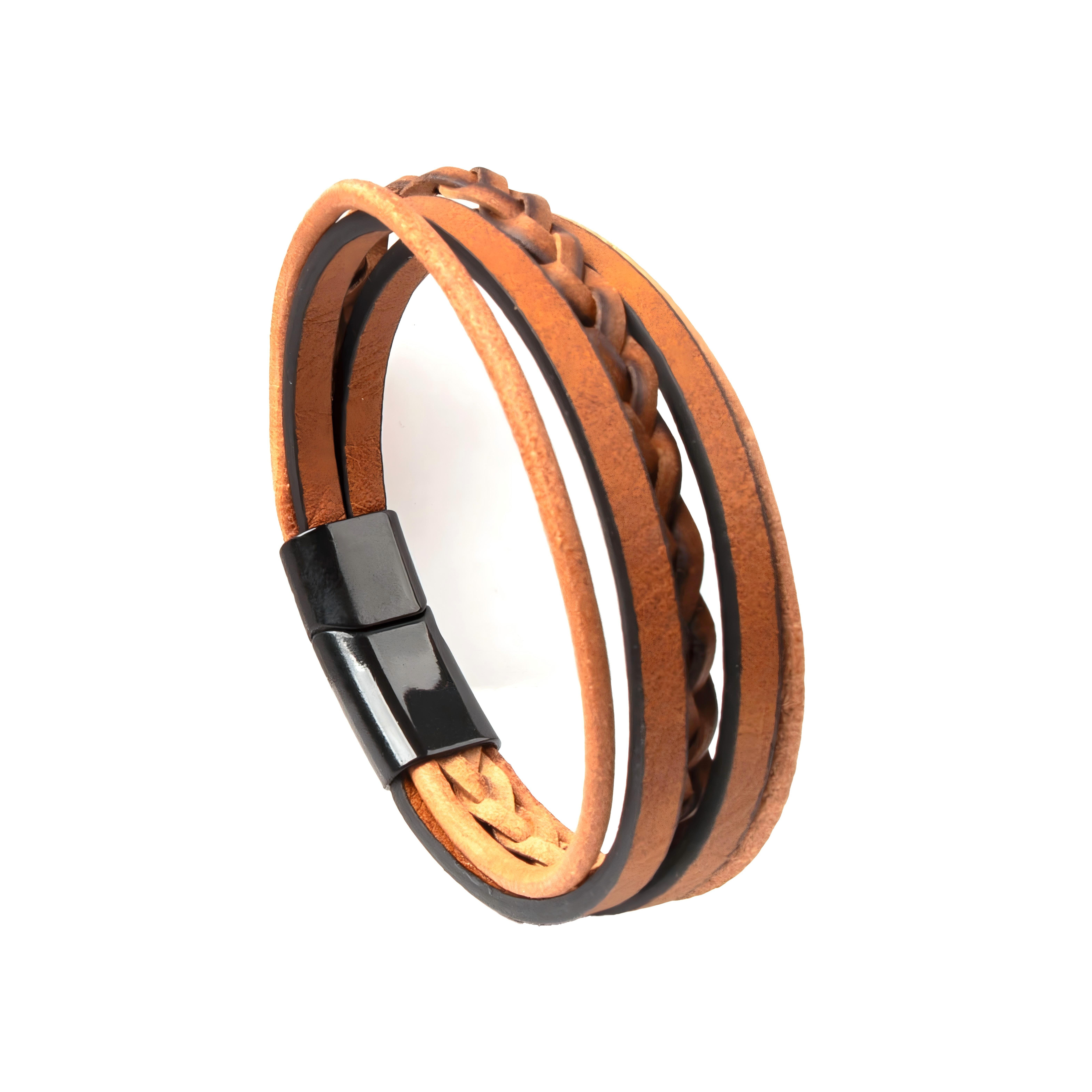 Men s Multi-Layer Braided Leather Bracelet, Handmade Woven Cuff with Magnetic Clasp, Vintage Jewelry коричневый