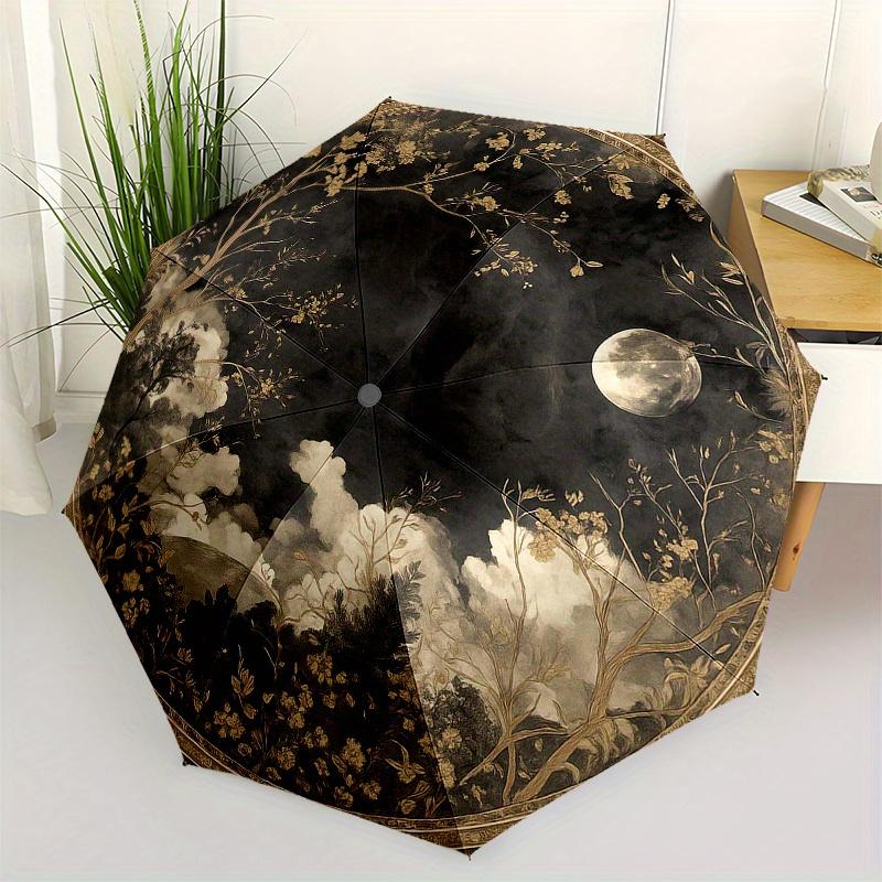 Enchanted Garden Moonlit Night Wall MuralUmbrella, Portable 3-Fold Compact Umbrella for Men & Women Gift