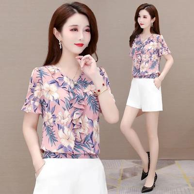 Yeni Kısa Kollu Çiçek Şifon Bluz Moda Gevşek V Yaka Ruffled Dip Gömlek Kadın Giysileri