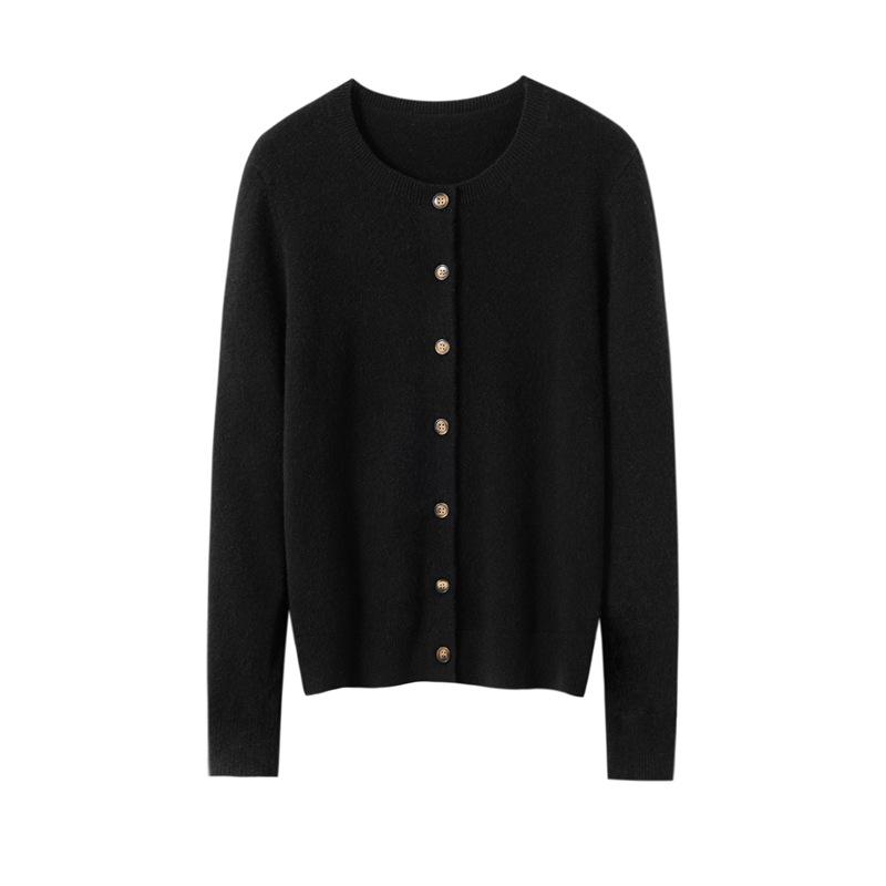 Women's 100% Pure Cashmere Round Neck Cardigan - Autumn/Winter Fashion Long Sleeve Knit Sweater Coat