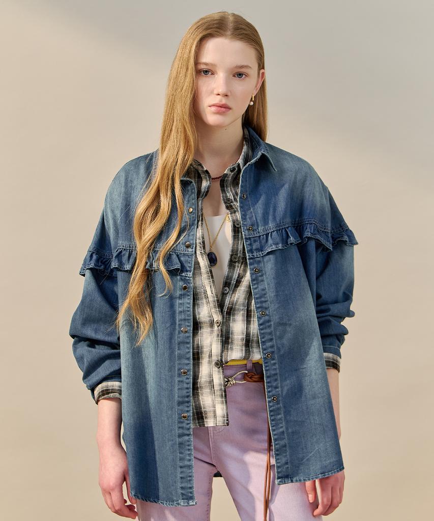MAXZA Ruffle Point Loose Fit Denim Shirt