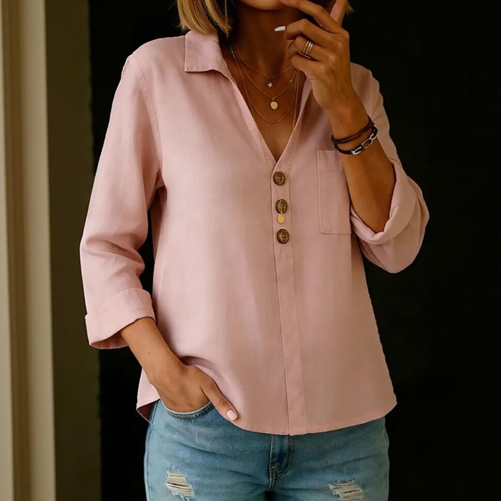 Women’s Cotton Linen Casual Loose Fit Button Down Collared Shirt with Three Quarter Sleeves and Chest Pocket Top XL