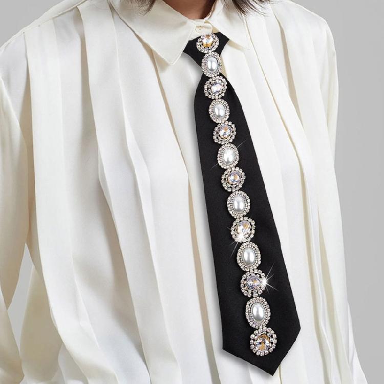 Rhinestones Pearls Embellished Black Necktie for Women Student Elegant Pre Tied Adjustable Tie for Uniform School Shirt
