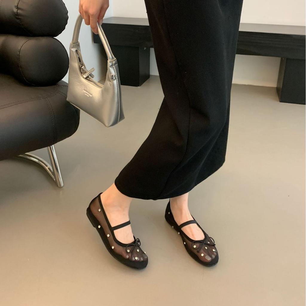 Fashion 2025 crystal rivets lace flats women round toe elastic band mary janes shoes bowtie air-mesh ballerina shoes woman mocasines