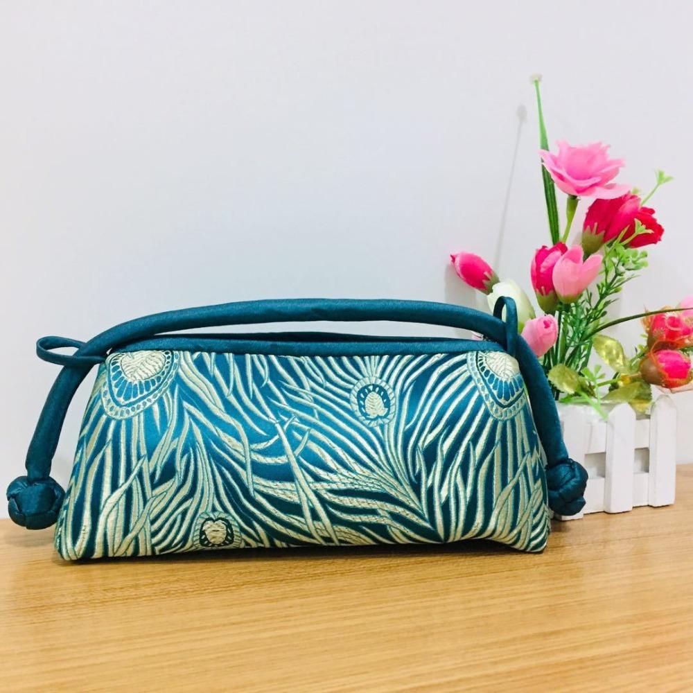 Fashion Silk Embroidered Women Handbag Zipper Chinese Style Design Clutch Bag Knot Retro Cosmetic Bag Gifts