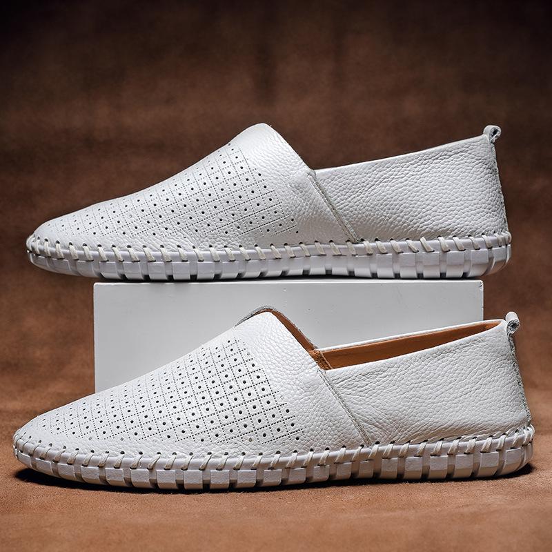 Men's Trendy European & American Slip-On Leather Casual Driving Shoes - Breathable Low-Top, Large Sizes Available