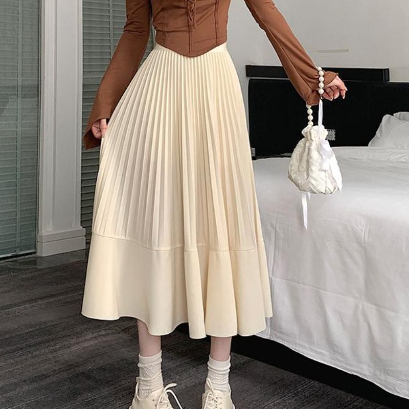 Drape High-Waist Slim-Fit Midi Skirt for Women - Spring/Summer Loose Pleated Flattering A-Line Maxi Half Skirt