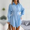 Women Autumn Winter High Waist Asymmetric Dress Shirt Solid Color Lantern Sleeve Lapel Neck Dress
