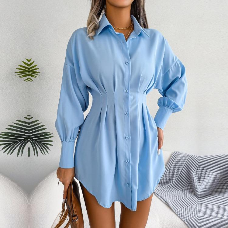 Women Autumn Winter High Waist Asymmetric Dress Shirt Solid Color Lantern Sleeve Lapel Neck Dress