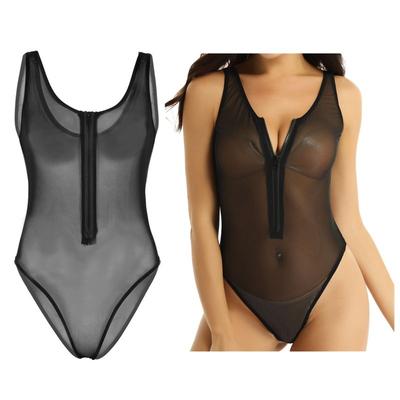 Dámské průsvitné síťované plavky na zip s vysokým střihem Teddy Leotard bodysuit