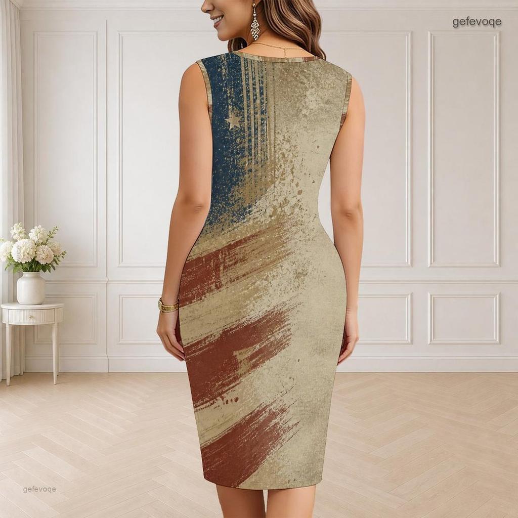 Women Plus Size V Neck Sleeveless American Flag Printed Bodycon Midi Dress