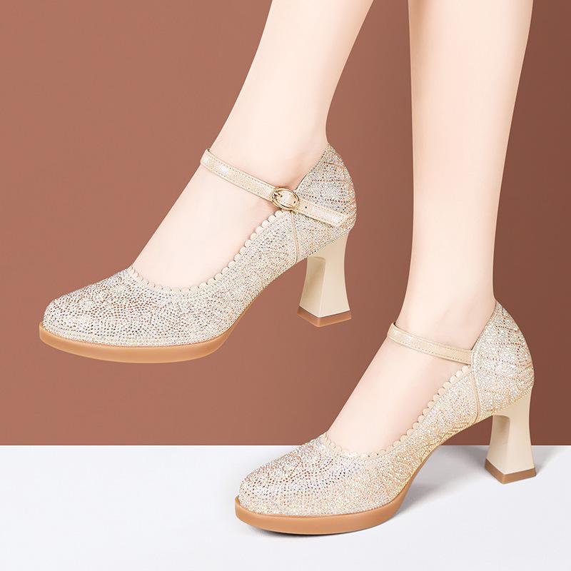 

7cm 9cm Shallow Rhinestone Cutout Silver Wedding Shoes Bride Block High Heels Spring 2025 Genuine Leather Shoes Platform Dress 34
