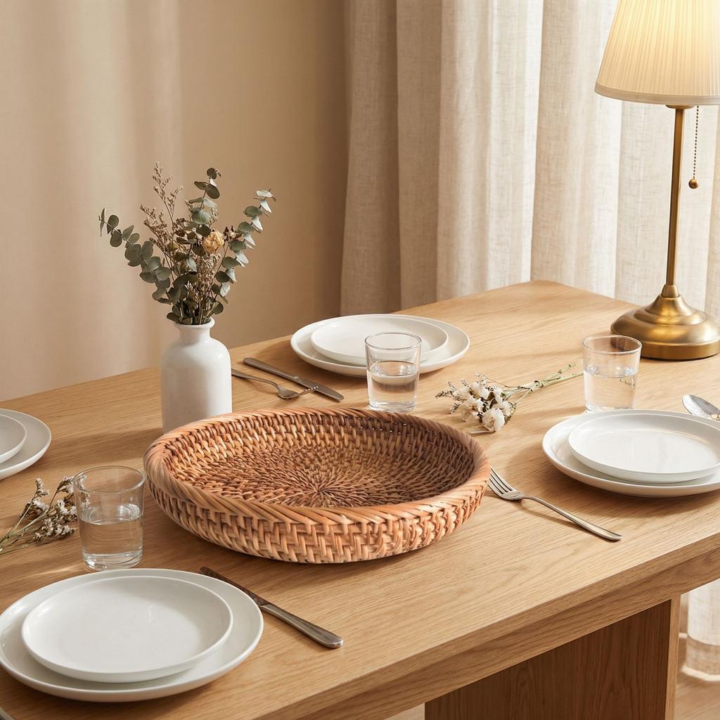 Rundes Serviertablett aus Rattan für Dinnerpartys und Dekoration, Obstkorb aus Rattan, Obstteller für den Couchtisch