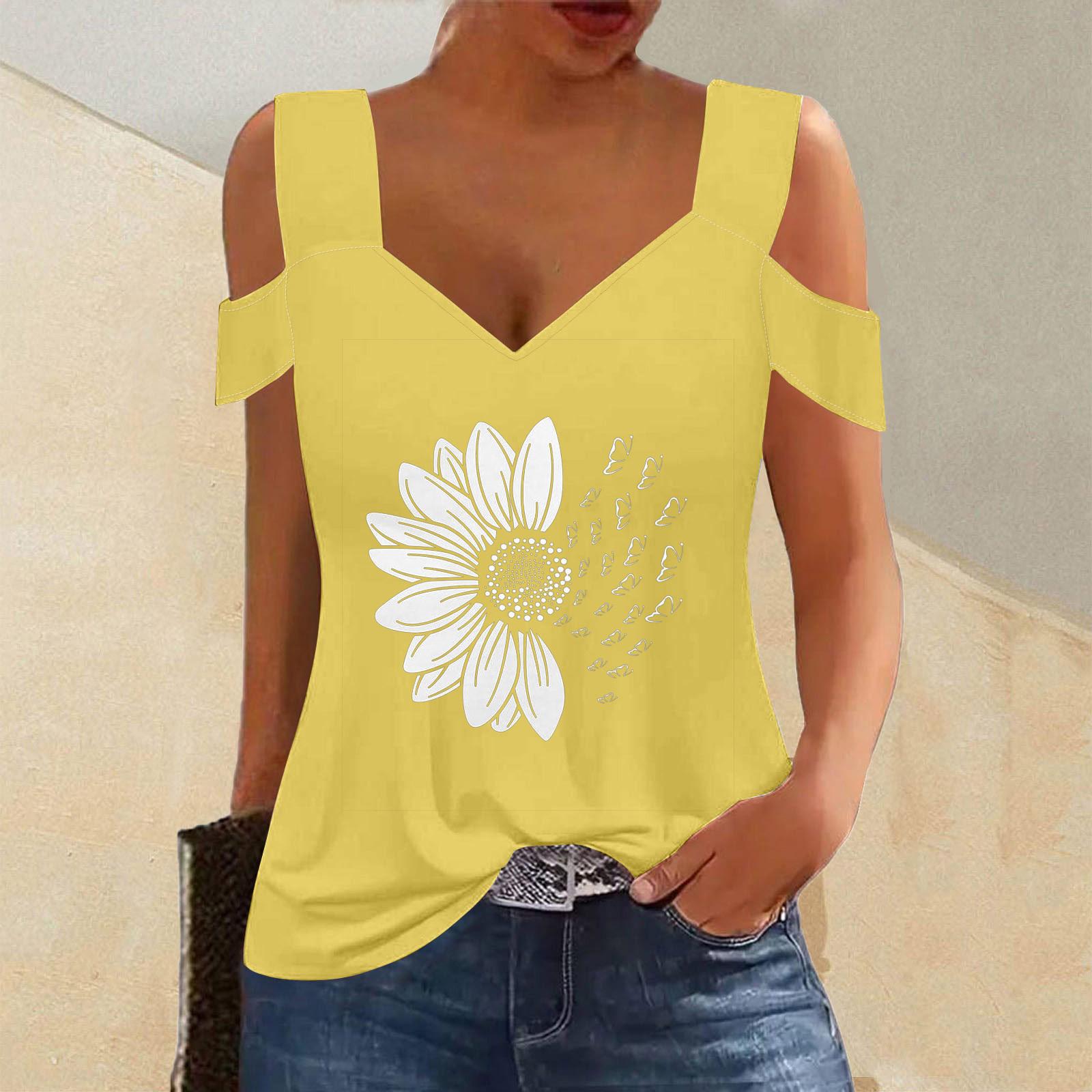 

Летний топ, женский топ с короткими рукавами и открытыми плечами, с v-образным вырезом, свободная базовая футболка, повседневная рубашка, рубашка M жёлтый