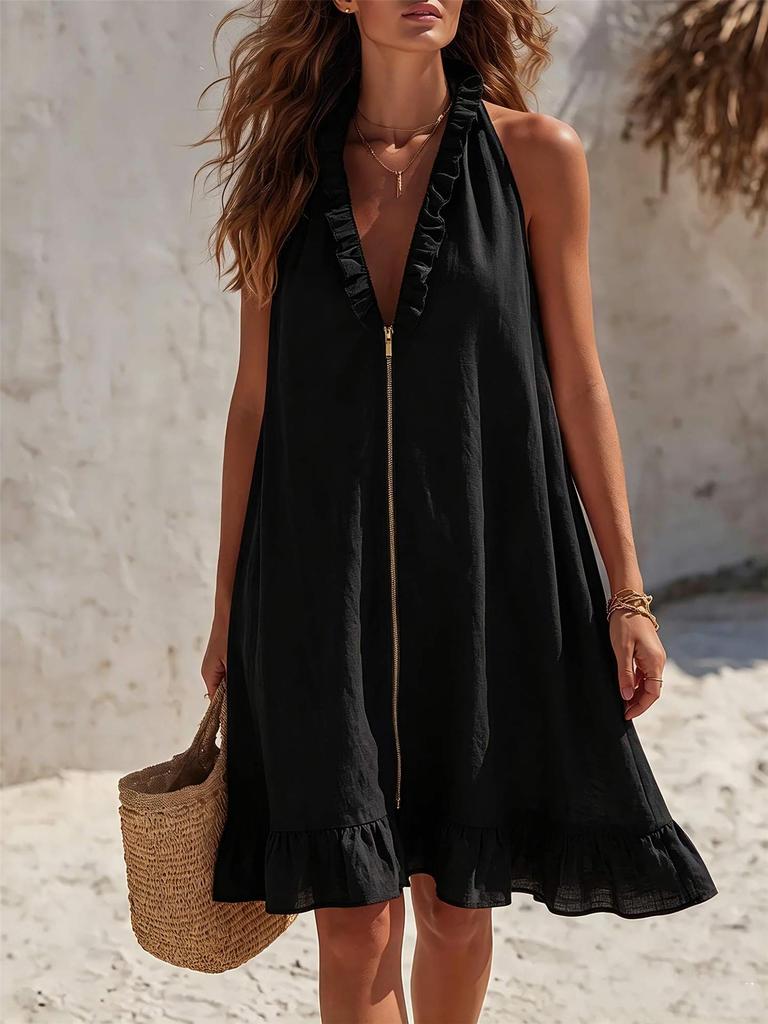 European and American style neck V-neck dress, front zipper ruffle edge loose and thin skirt