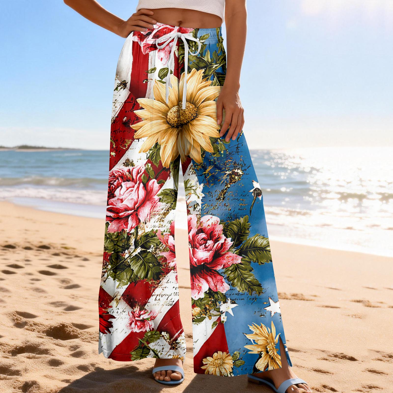 

Women Summer Boho Palazzo Pants High Waist Wide Leg Printing Casual Trousers With Pockets XL небо синє кольору