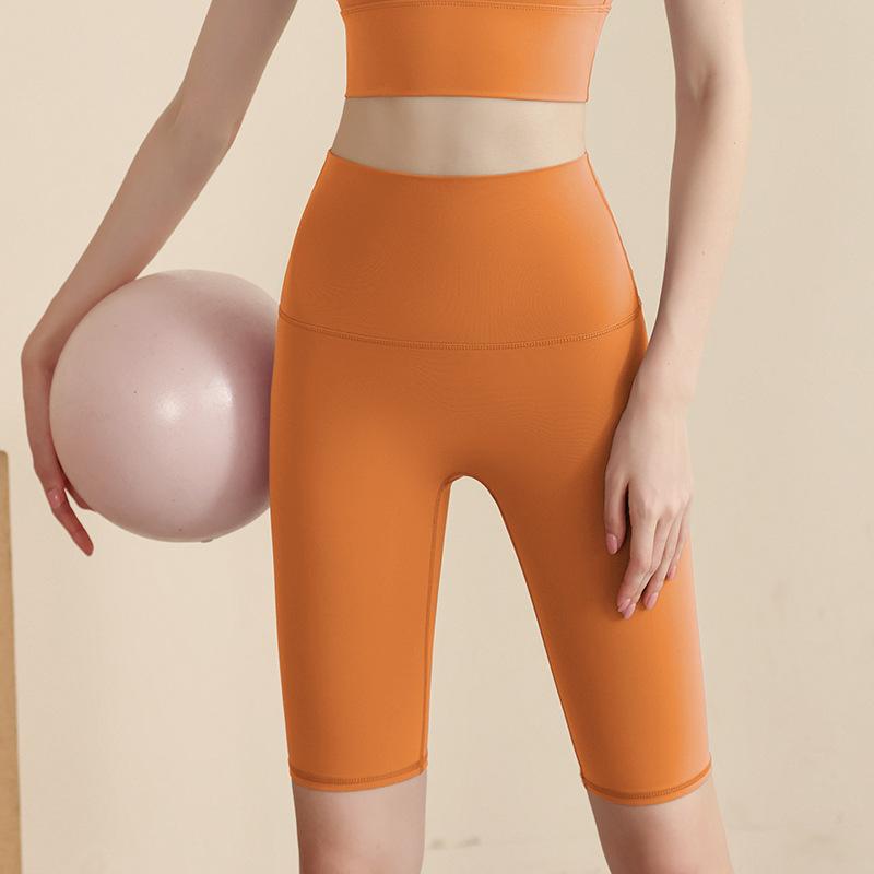 Sports shorts 2025 double-sided brocade nude fitness medium pants high waist slim peach hip sports five-point tight yoga pants women